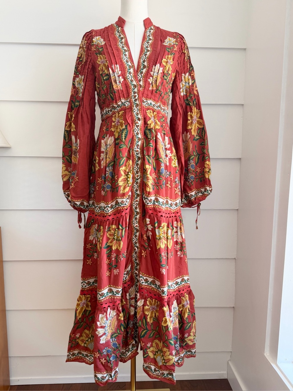 Farm Rio Red Garden Delight Long Sleeve Midi Dress size M runs small - Picture 5 of 13